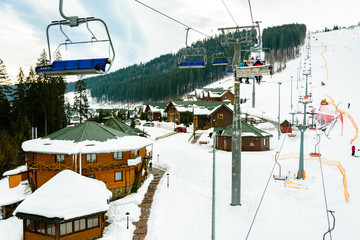Picturesque landscape of the Carpathians at the ski resort, high lifts for skiers. 2019