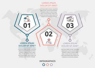 Vector flat infographic template. Line pentagon with text and icons for three diagrams, graph, flowchart, timeline, marketing, presentation. Business concept with 3 options
