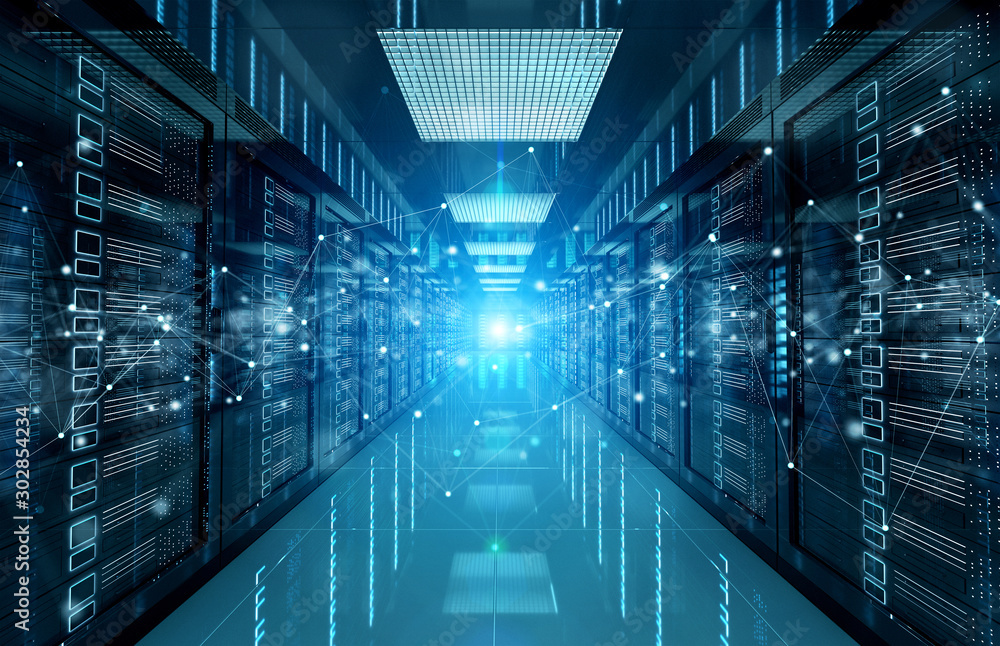 Poster connection network in servers data center room storage systems 3d rendering