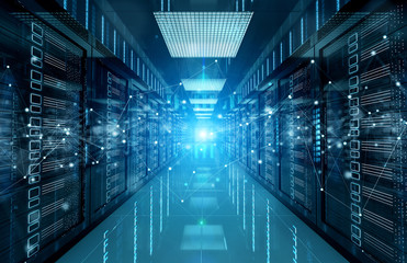 Fototapeta Connection network in servers data center room storage systems 3D rendering obraz