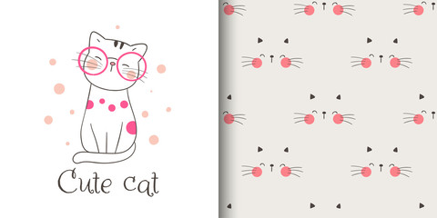 Greeting card and print pattern cut cat for fabric textiles kids.