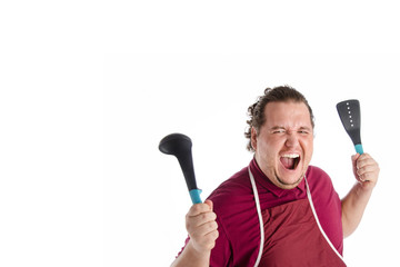 Funny fat cook. White background.