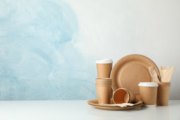 Eco - friendly tableware on white background, space for text