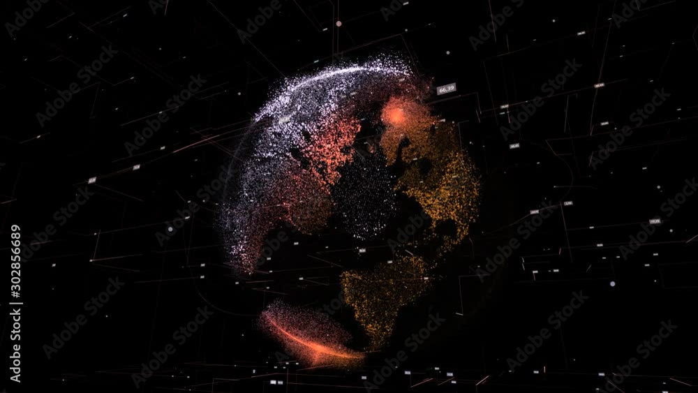 Poster 3d planet in cyberspace of dots. animation. conceptual network data cyberspace with sphere, lines, d