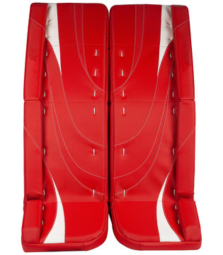 Red And White Ice Hockey Goalie Leg Pads Isolated On White Background.