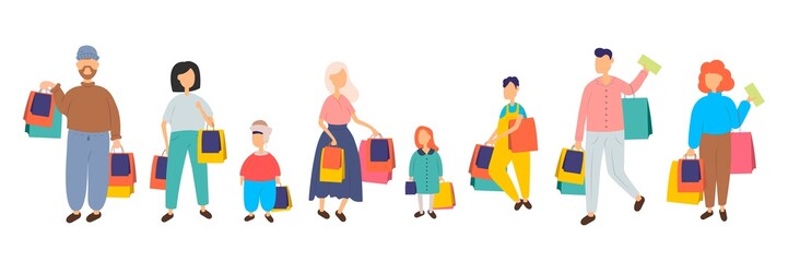 People shopping in mall vector cartoon characters set. Family with children and shopping bags. Collection of people carrying shopping bags with purchases. Men and women taking part in seasonal sale at