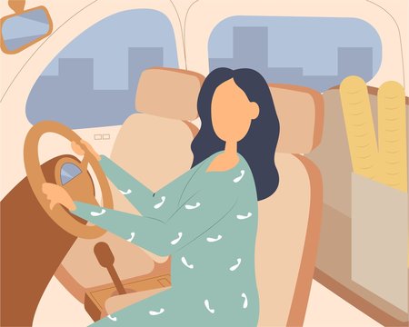 People driving car flat vector illustrations set. Road trip concept. Female shopaholic riding with purchases. Friends in vehicle finding route on map. Elegant lady in automobile.