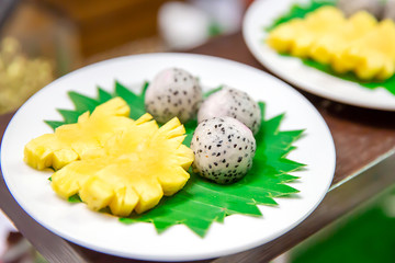 Desserts,snacks and fruits for coffee or afternoon tea.