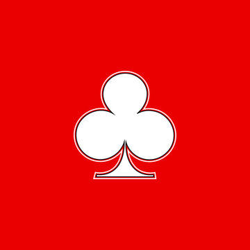 Poker playing card suit clover outline shape single icon. Clubs suit deck of playing cards used for ace in Las Vegas royal casino. Single icon illustration isolated on red. Drawing pic for tattoo.