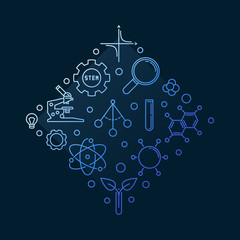 Science, Technology, Engineering and Mathematics STEM blue vector concept linear illustration on dark background