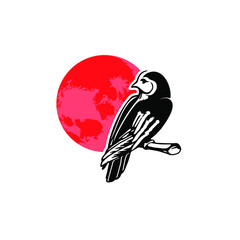 eagle logo simple modern vector of standing predator bird on a branch with blood moon background for print art or animal design template