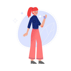 Young Woman Drinking Fresh Clean Water from Bottle Vector Illustration