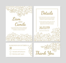 Wedding Invitation Template Set, Thank You, Card with Hand Drawn Flowers and Space for Text Vector Illustration
