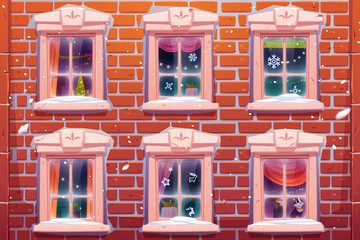 Obraz premium Windows of house or castle with Christmas and New Year decoration, brick wall facade with casements decorated with paper snowflakes and fir tree. Cat sitting on windowsill. Cartoon vector illustration