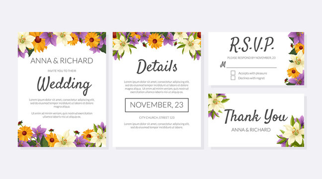 Wedding Invitation Template Set, Thank You, Rsvp Elegant Card with Beautiful Flowers and Space for Text Vector Illustration