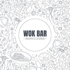 Work Bar Asian Cuisine Banner Template, Menu, Cafe, Restaurant, Bar or Food Festival Hand Drawn Vector Illustration