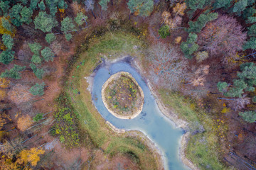 Drone photo of small pond in Wiaczyn landscape park near Lodz city, Poland