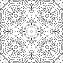 Seamless coloring page for children and adults. Seamless pattern with many details. Symmetric ornament for coloring. Template for design work.