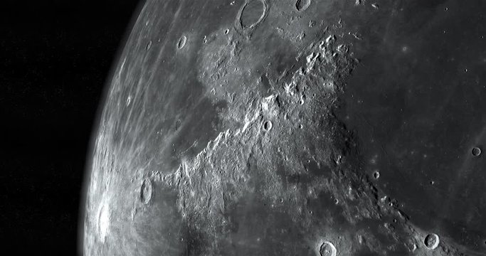 Montes Apenninus in the lunar surface of the moon in rotation, 3d render