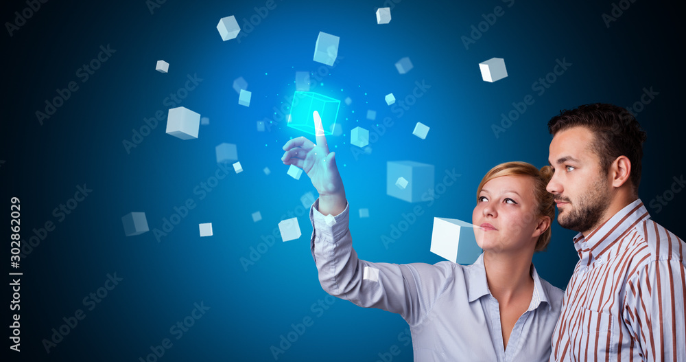 Poster man and woman touching hologram screen displaying cube symbols