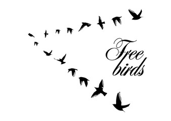 A flock of flying birds. A school of birds flying south. Vector illustration