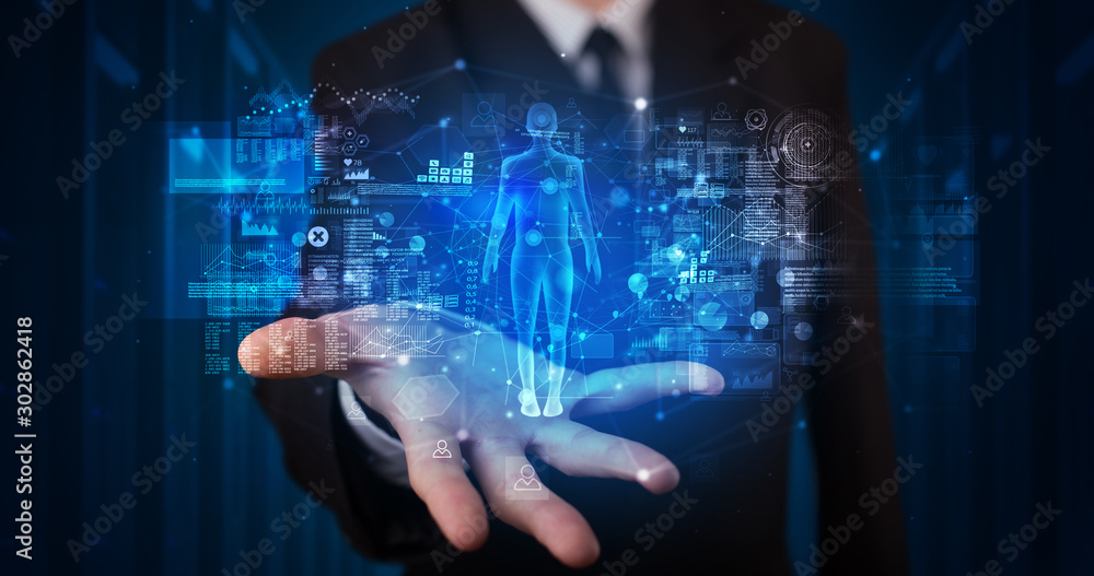 Poster young person holding hologram projection displaying health related graphs and symbols