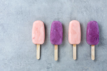 Yogurt fruit ice cream on a gray background. Copy space. Diet concept.