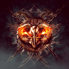 Horned knight helmet with flames. Ornaments, dragon silhouettes and chains in dark background / original artwork - fantasy © Roman