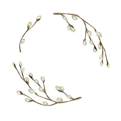 Watercolor pussy willow tree branch set. Spring wreath Hand drawn Frame, illustration. Isolated design element for invitations, greeting card, poster, print or label. Halloween border © Svetlana