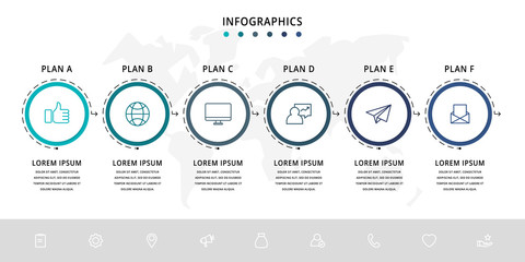 Vector flat line template circle infographics. Business concept with 6 options and arrows. Six steps for content, flowchart, timeline, levels, marketing, presentation, graph, diagrams, slideshow