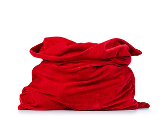Santa Claus open red bag full, isolated on white background. File contains a path to isolation.