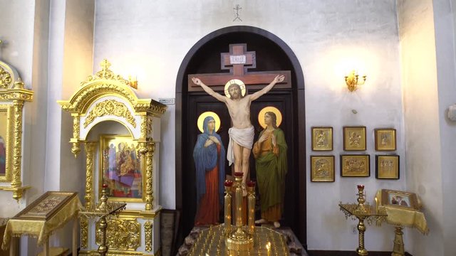 Church, Jesus Christ, candle, icons, crane shot, 4K