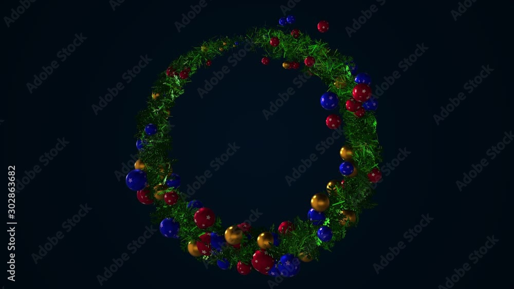 Poster christmas wreath decorated by multicolored shiny balls of different sizes. animation. christmas tree