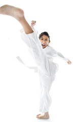 Asian taekwondo girl on with background.