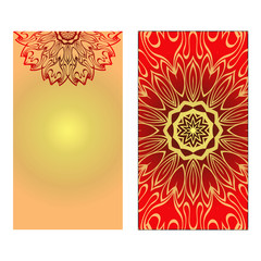 Design Vintage Cards With Floral Mandala Pattern And Ornaments. Vector illustration. Gold, red color. For Wedding, Bridal, Valentine's Day, Greeting Card Invitation.