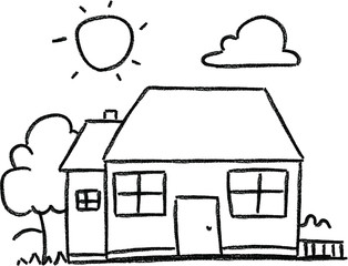 kids coloring house hand drawn crayon family house with a tree clouds and the sun perfect for kindergarten