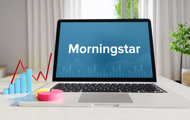 Morningstar – Statistics/Business. Laptop in the office with term on the Screen. Finance/Economy.