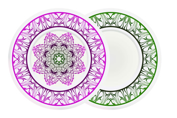 decorative plates for interior design. Empty dish, porcelain plate mock up design. Vector illustration. Decorative plates with stilish ornament patterns. Home decor background.