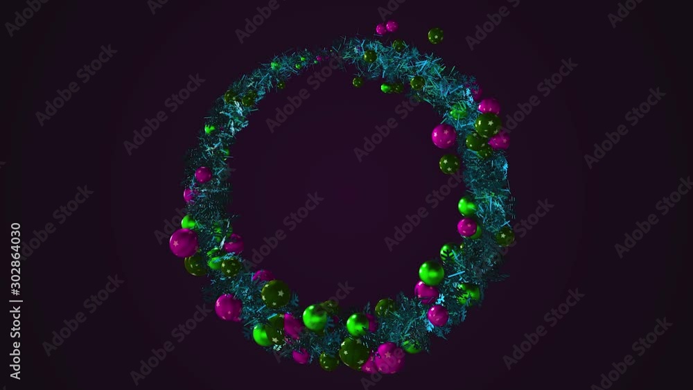 Poster christmas wreath decorated by multicolored shiny balls of different sizes. animation. christmas tree