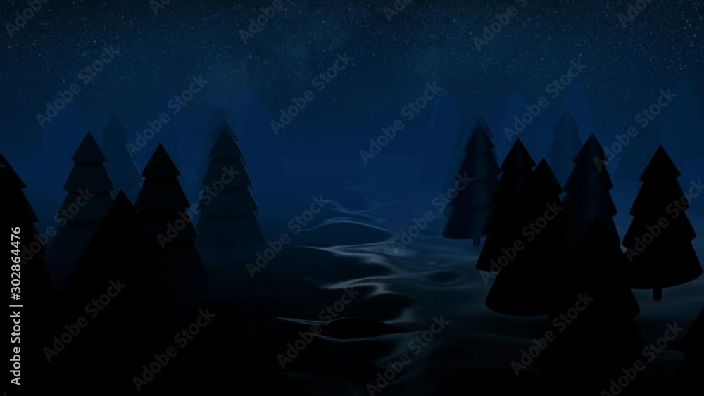 Poster 3d render background night coniferous forest. animation. beautiful christmas background with copy sp