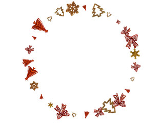 Xmas Balls. Gold Christmas decoration isolated on white. New Years Party background. Flat lay design. Copy Space