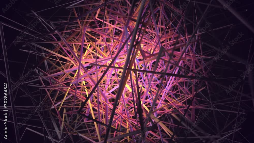 Poster animation of colored tangled threads on a black background. animation. colored bunch of lines on a b