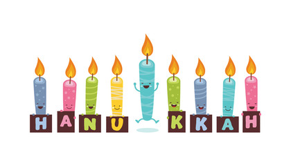 Greeting card for jewish holiday of Hanukkah. Funny candle characters holding signs with greetings