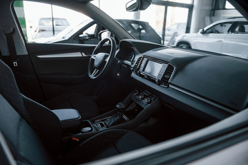 Obraz na płótnie Canvas Close up detailed view of interior of brand new modern car