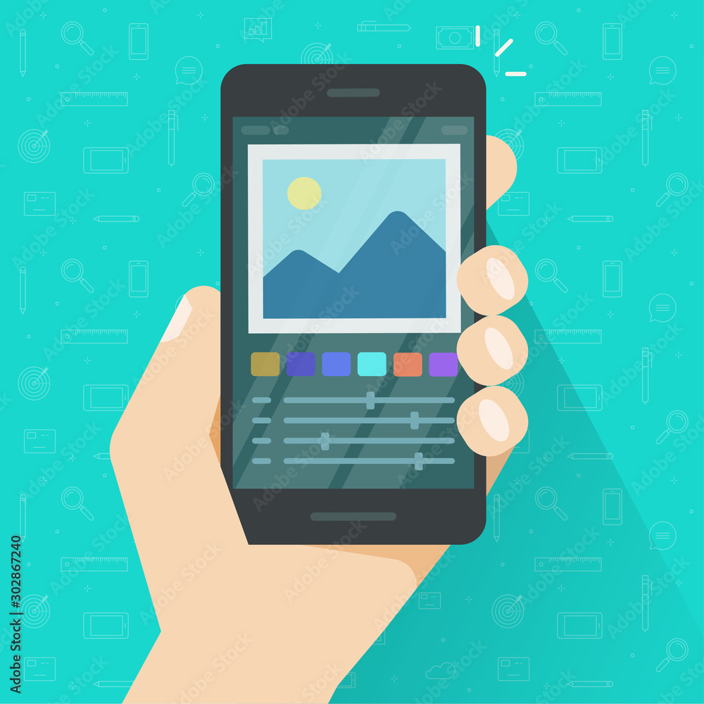 Poster photo or graphic editor on mobile phone or cellphone vector illustration, flat cartoon smartphone sc