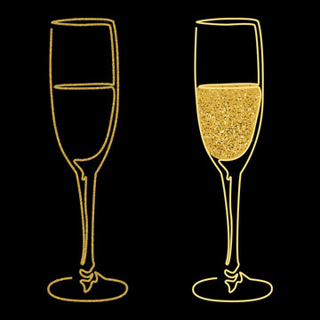 Festive design with gold glitter texture element. Glasses of champagne wine on black background. Holidays vector illustration for calendar, party invitation, card, poster, banner web