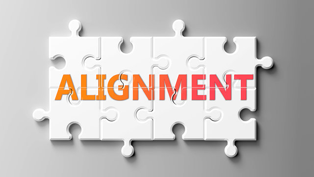 Alignment complex like a puzzle - pictured as word Alignment on a puzzle pieces to show that Alignment can be difficult and needs cooperating pieces that fit together, 3d illustration