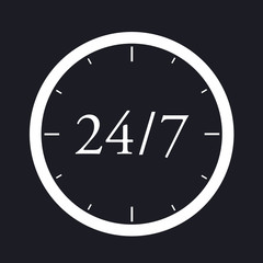 24/7 - non-stop continous availability during every hour and day of the week. Vector illustration of clock dial with numbers
