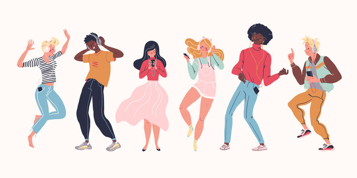 Young stylish people listening to music in headphones and earphones isolated. Multiethnic group. Boys and girls smiling, dancing, jogging, walking. Flat cartoon style. Vector illustration.