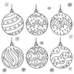 Set of hand drawn Christmas balls and snowflake. New Year and X-mas decorations. Doodle line illustration for coloring page.